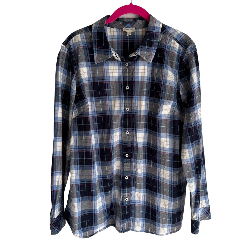 TALBOTS Blue Plaid Cotton Ladies Long Sleeve Button Down, L